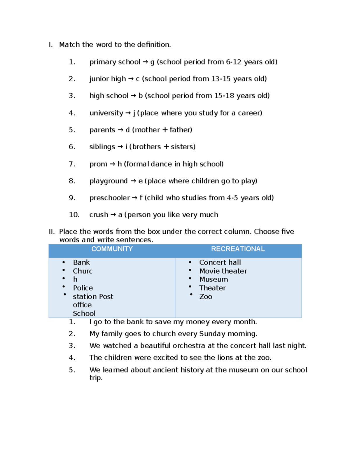 Vocabulary Matching and Classification Exercise for ESL Students - Studocu