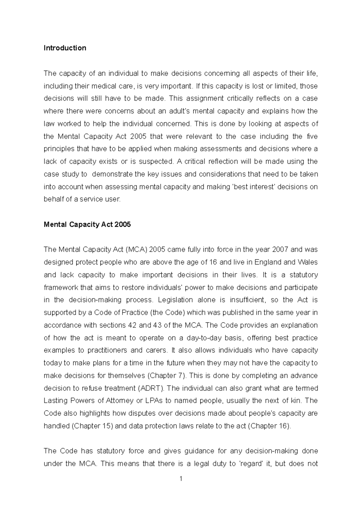 Mental Capacity Assignment: Critical Reflection on MCA 2005 - Studocu