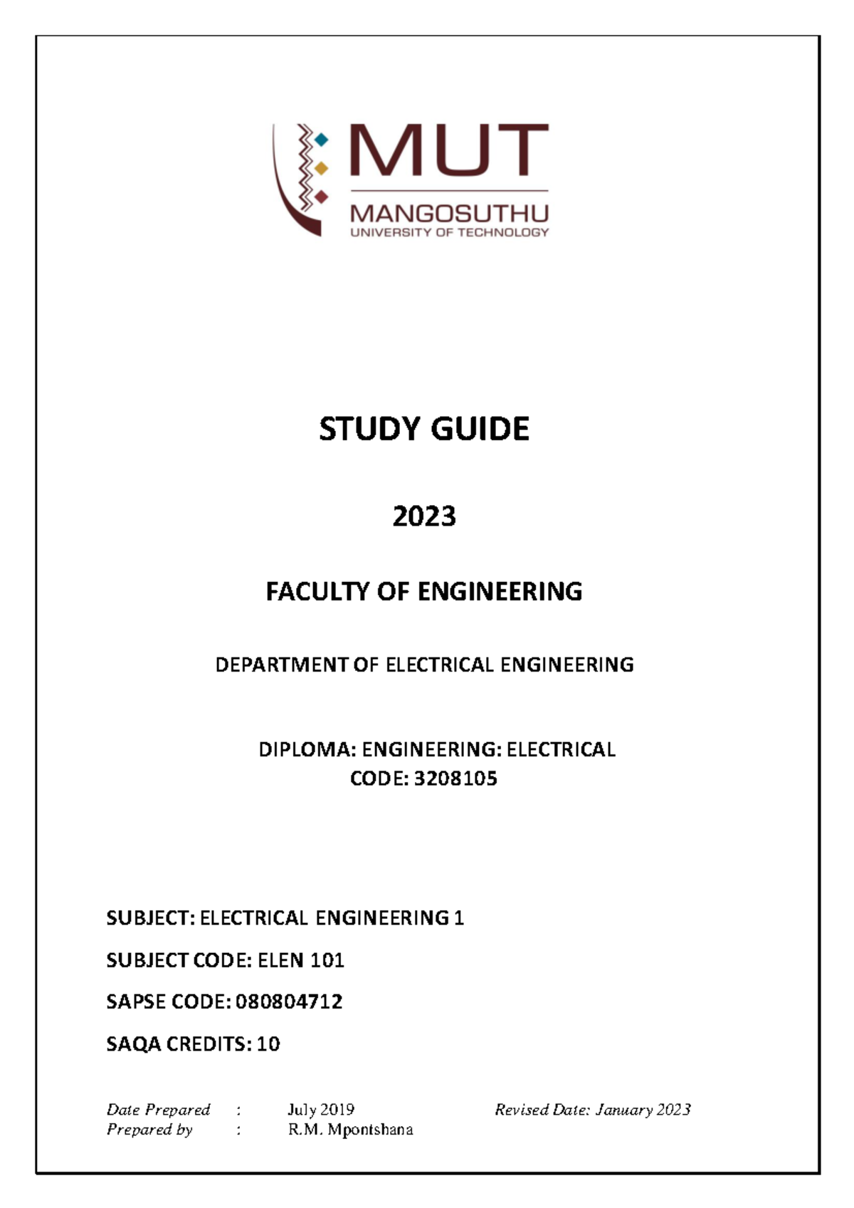 Electrical Engineering I (ELEN 101) 2023 Study Guide and Resources ...