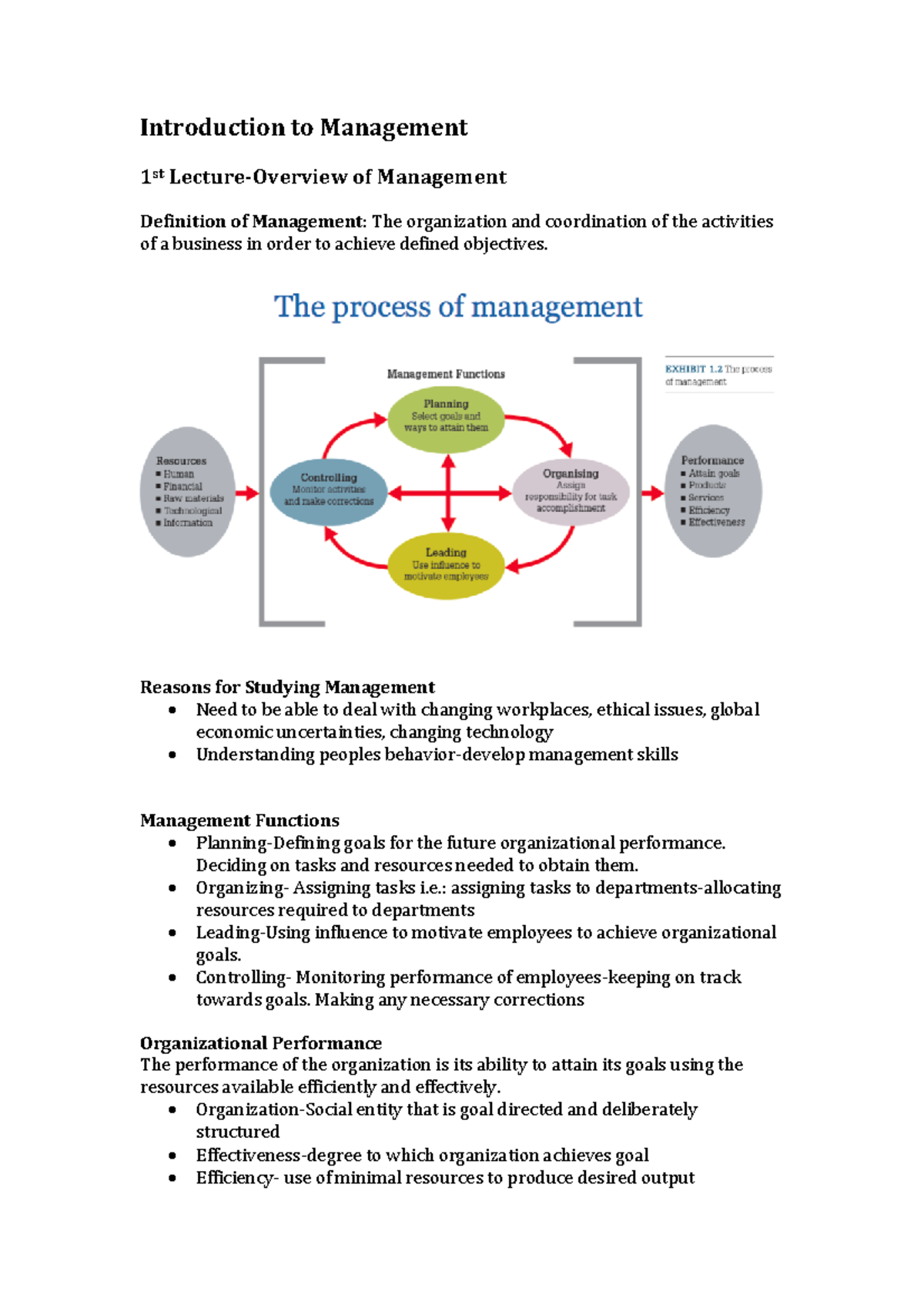 Lecture Notes: Intro to Management - Lessons 1-4 Insights - Studocu