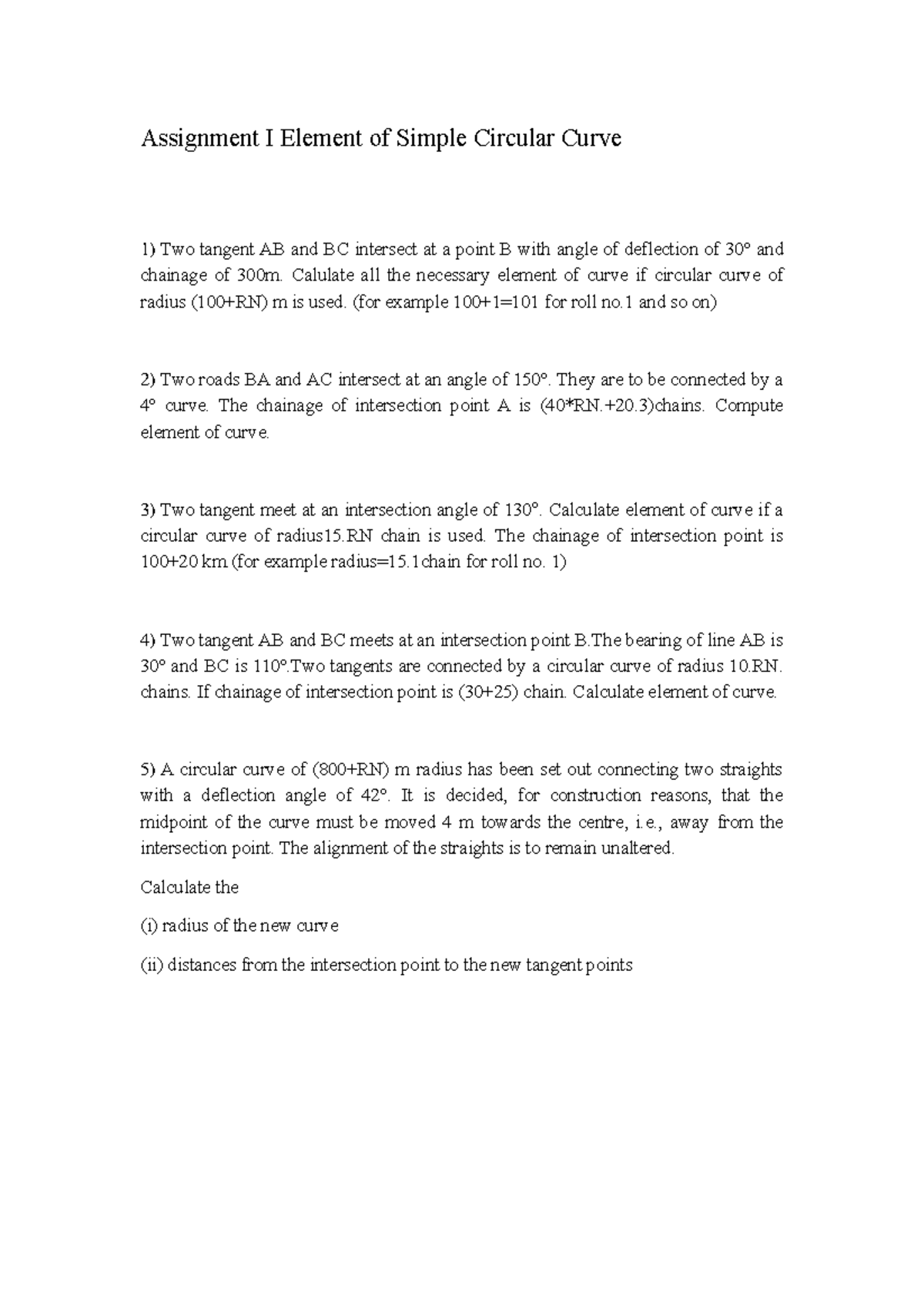Assignment I: Elements of Simple Circular Curves (ENG 101) - Studocu
