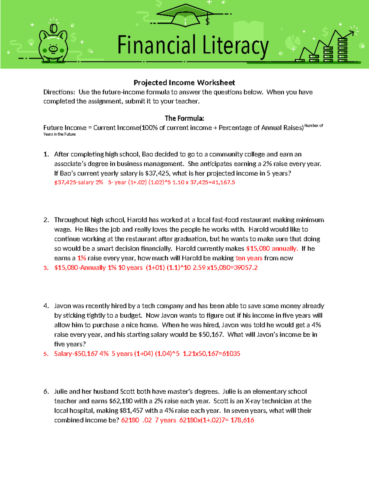 FL 1.1 Projected Income Worksheet and Calculations for Future Earnings ...