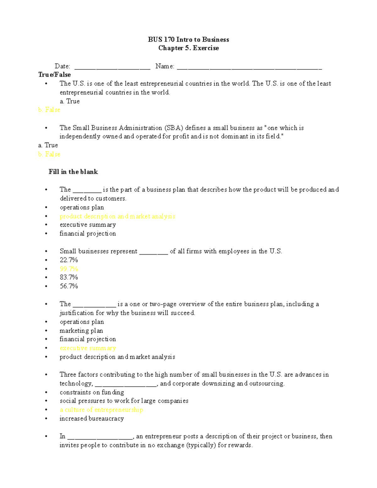 Ch. 5 Worksheet - Gls110 - BUS 170 Intro to Business Chapter 5 ...