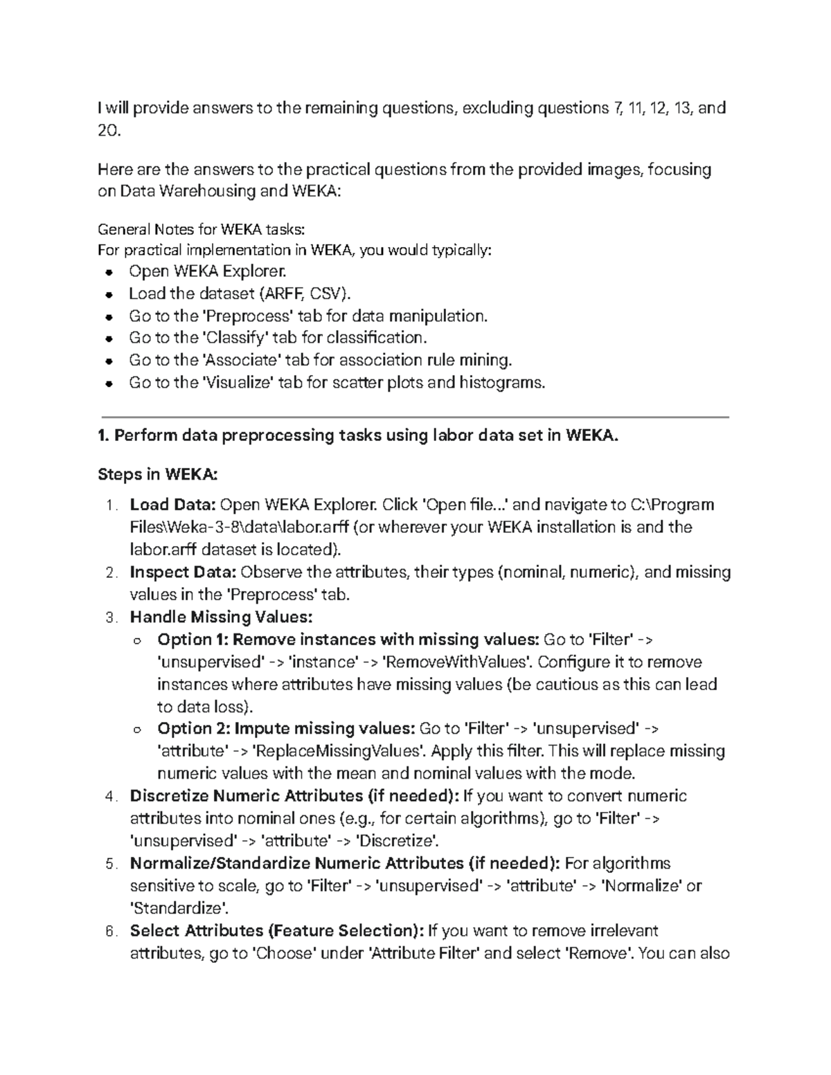 Data Warehousing Practical Questions and WEKA Implementation Guide ...