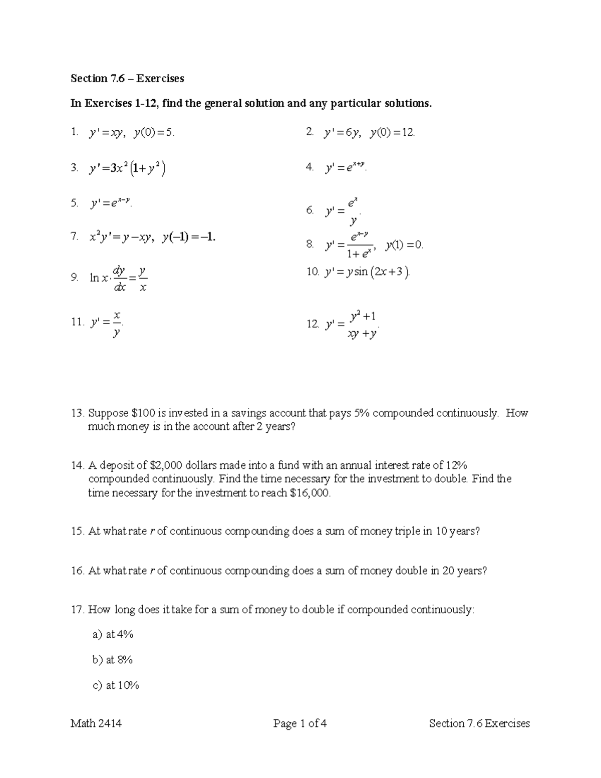 Math 2414 Section 7.6 Exercises: General & Particular Solutions - Studocu