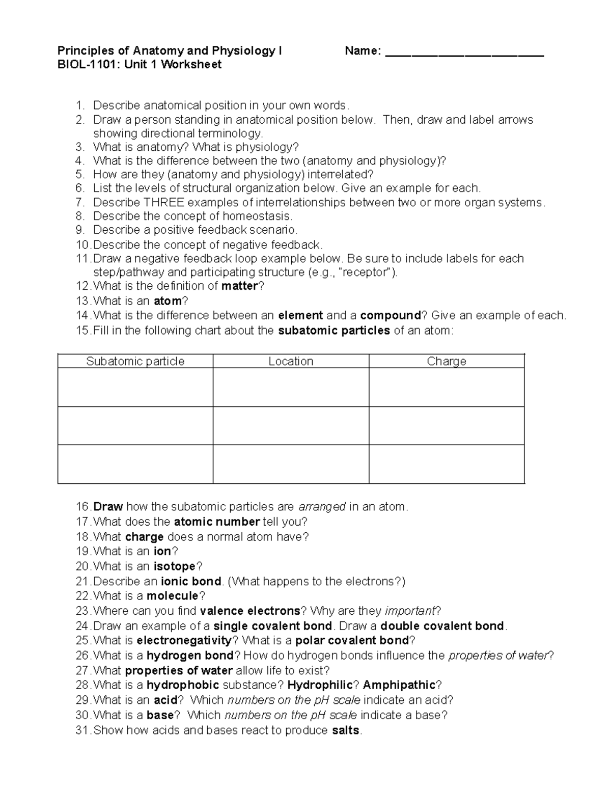 BIOL-1101: Anatomy and Physiology I Unit 1 Worksheet Guide - Studocu