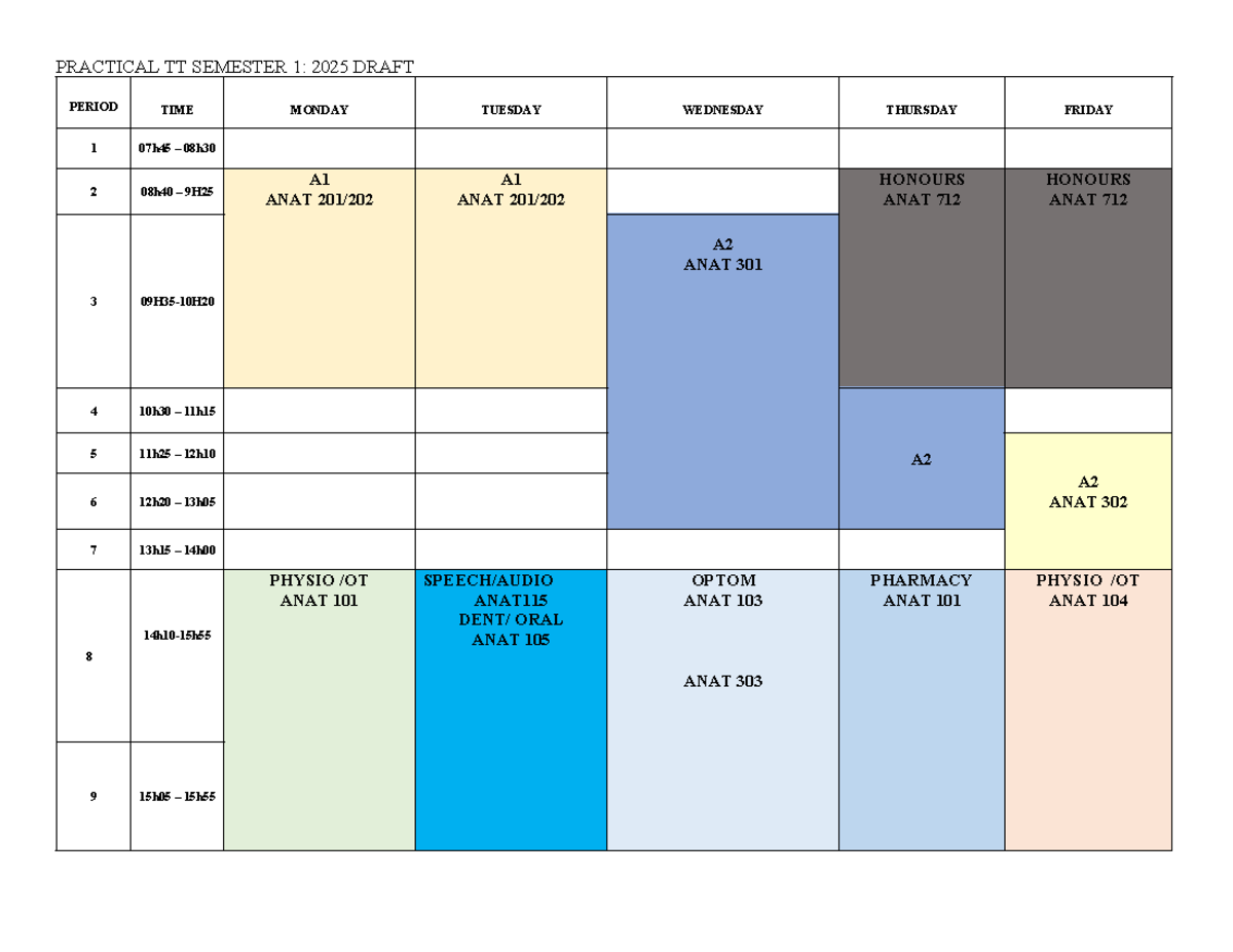 Prac TT SEM 1 2025 (001) - Prac timetable - PRACTICAL TT SEMESTER 1: ...