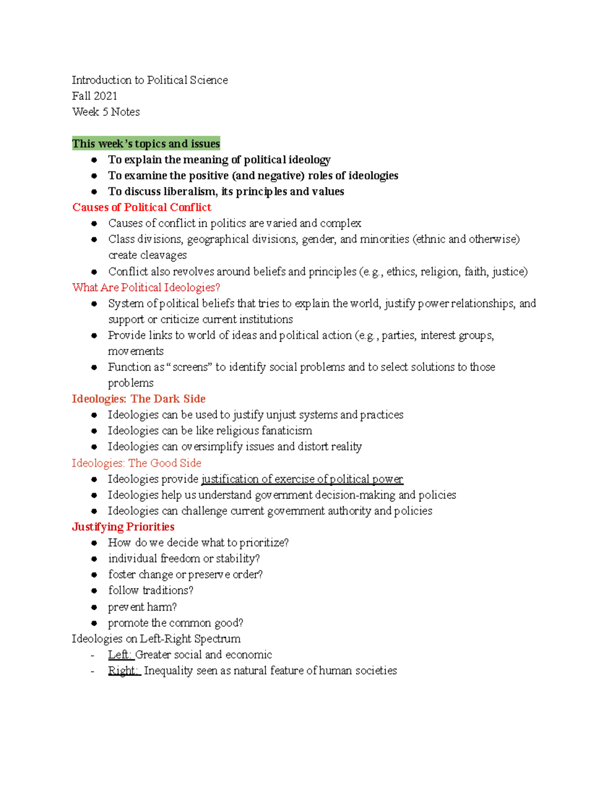Political Science 101: Week 5 Ideologies & Liberalism Overview - Studocu
