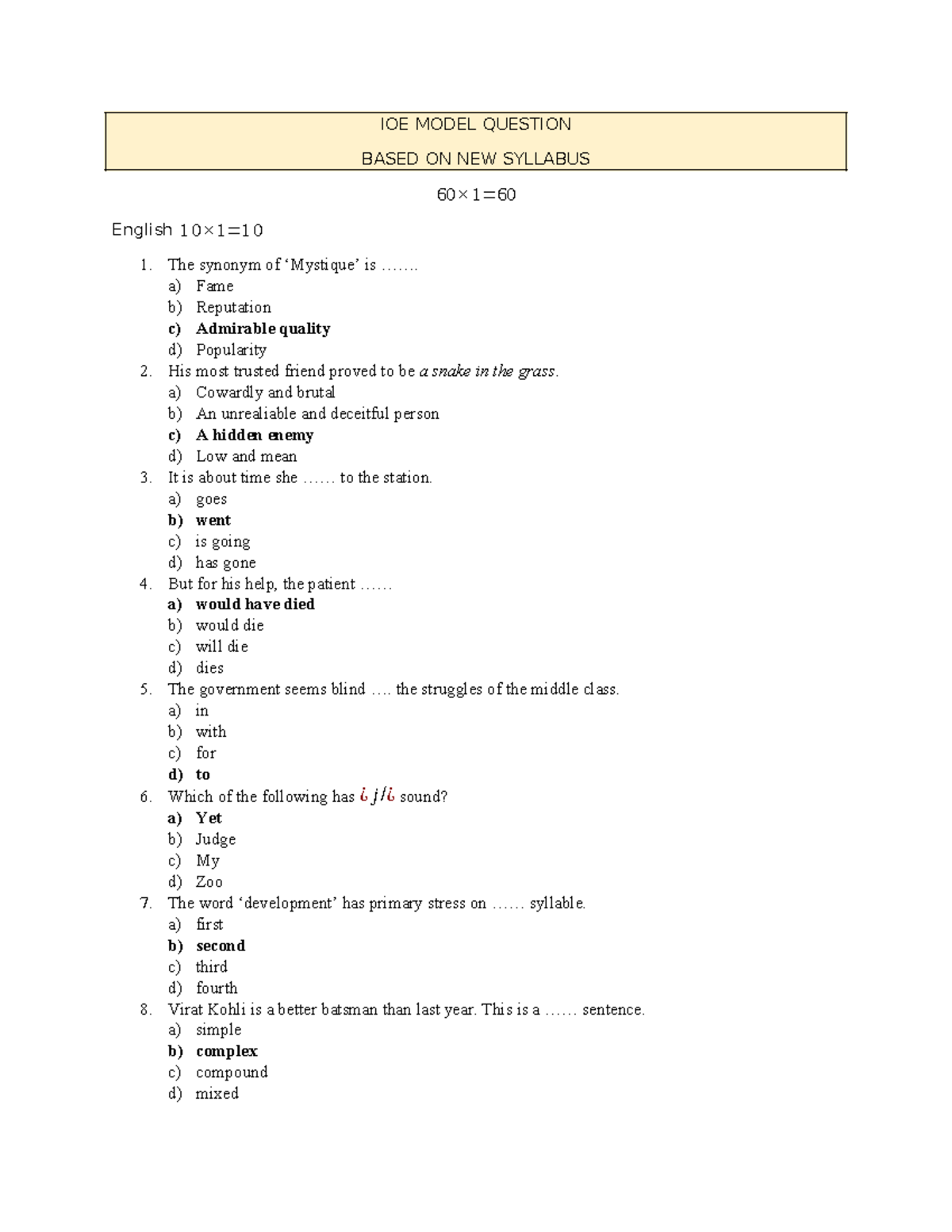 IOE Model Question Set - English 1 (New Syllabus) - Studocu