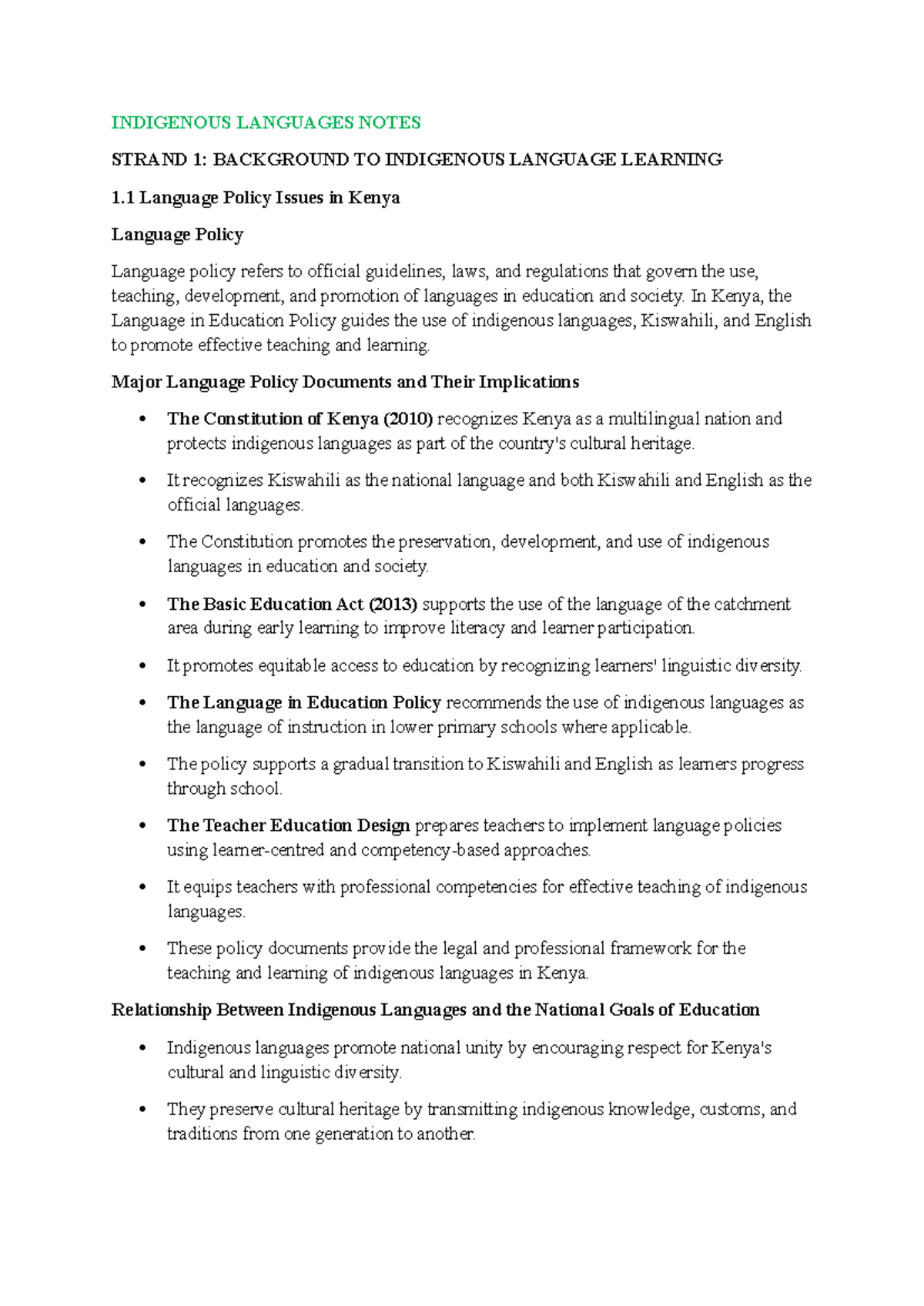 INDIGENOUS LANGUAGES NOTES: BACKGROUND & LANGUAGE POLICY IN KENYA - Studocu