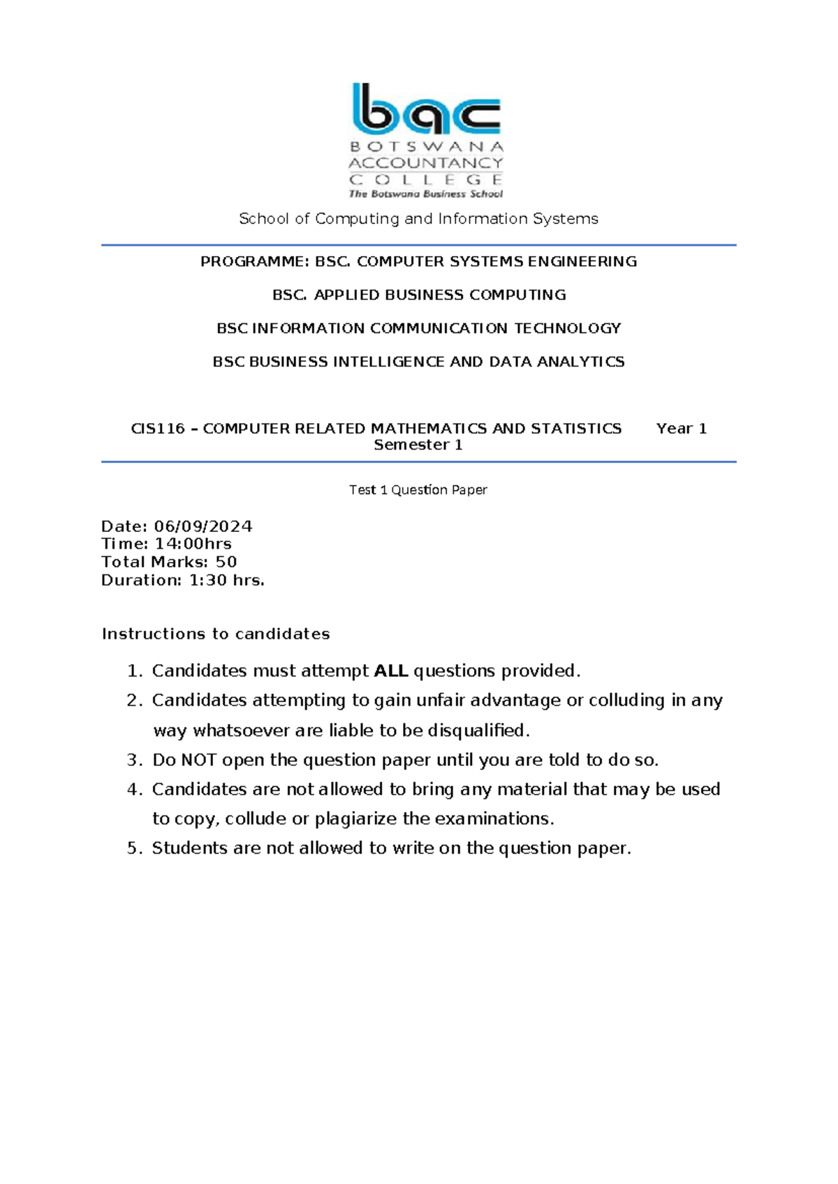 CMS116 Computer Related Mathematics & Statistics Test 1 QP 2024 - Studocu