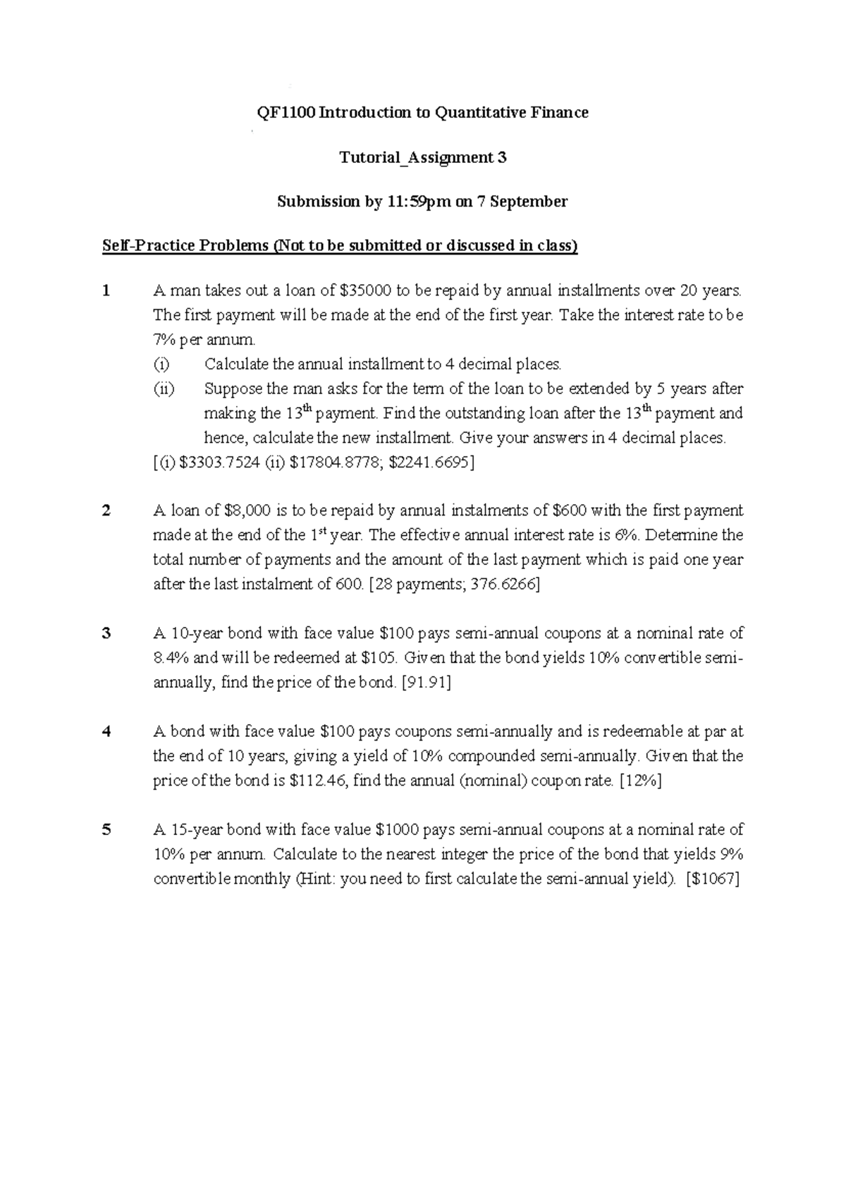 QF1100 Quantitative Finance Tutorial Assignment 3 Problems - Studocu