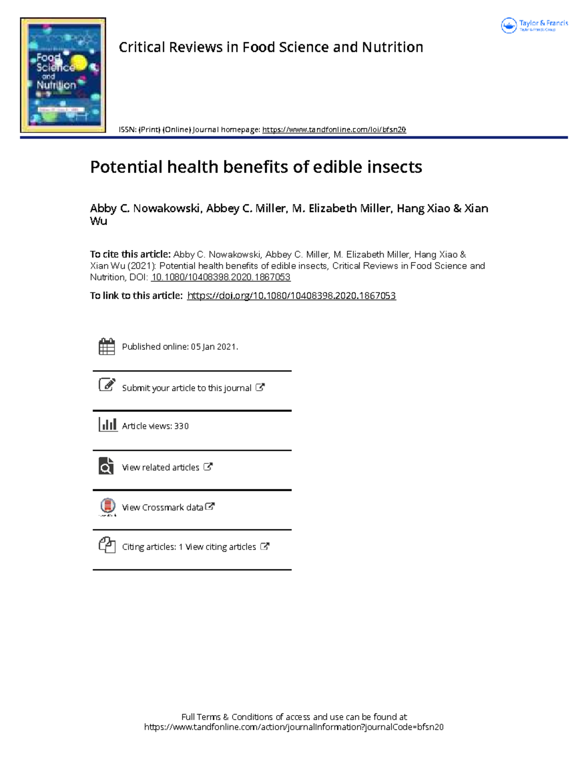 Potential Health Benefits of Edible Insects: A Review (CRITICAL REVIEWS ...