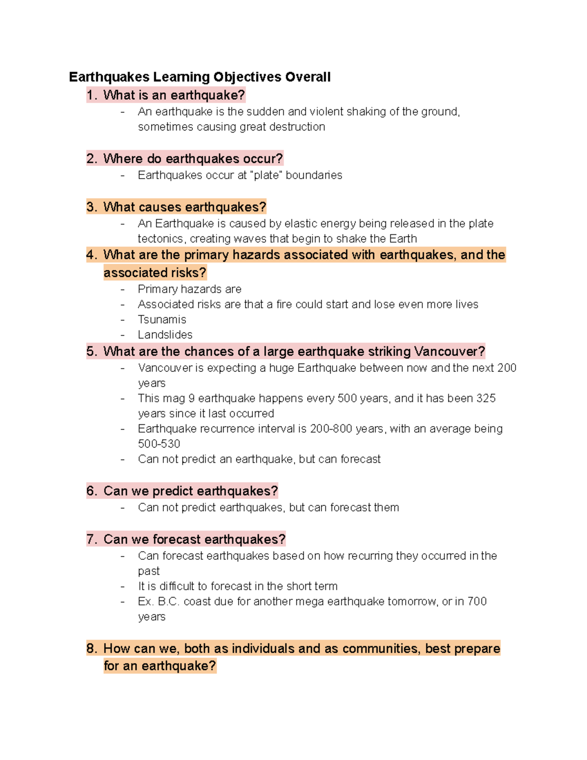 EOSC 114 Earthquakes: Learning Objectives and Key Insights - Studocu