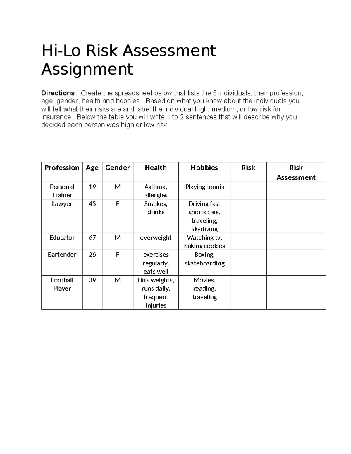 Risk Assessment Assignment: Individual Risk Evaluation - Studocu