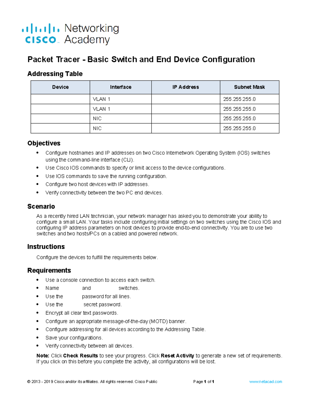 2.9.1 Packet Tracer - Basic Switch Config & End Device Setup - Studocu