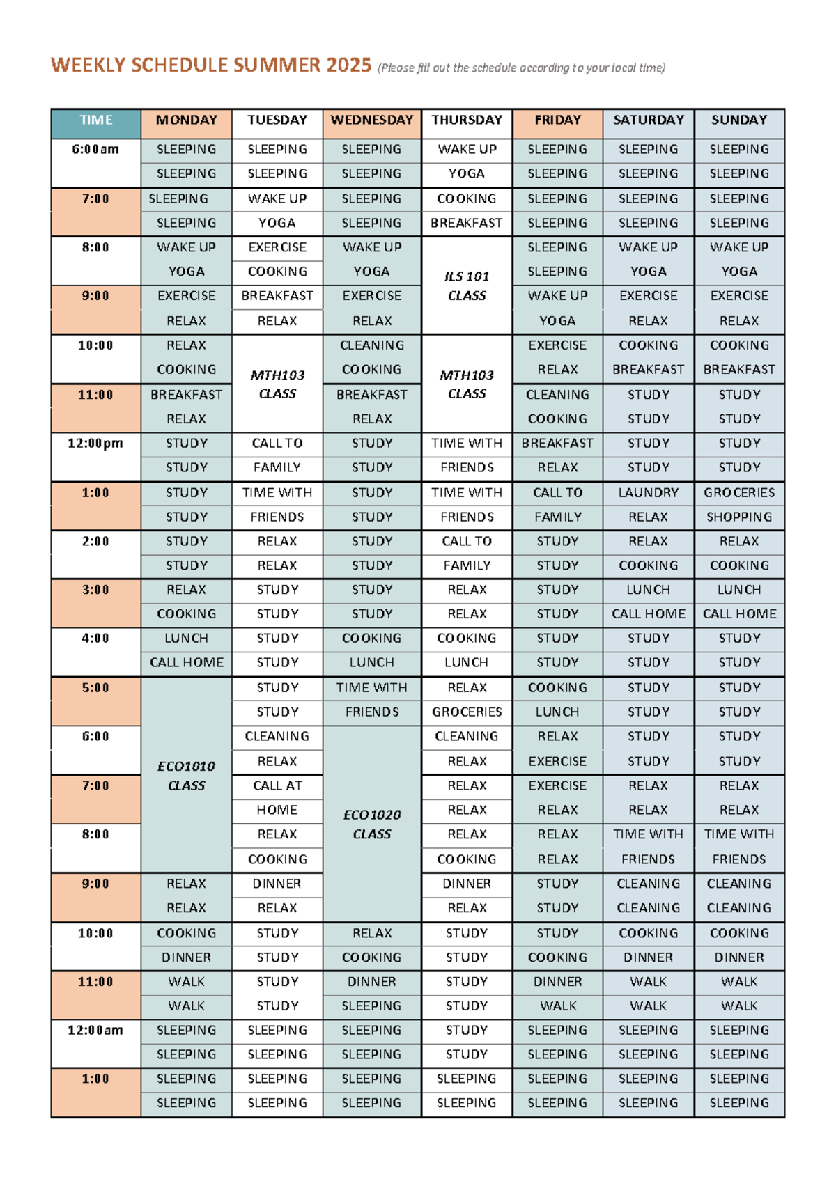 Weekly Schedule & Time Management for Summer 2025 (ECO1010, MTH103 ...