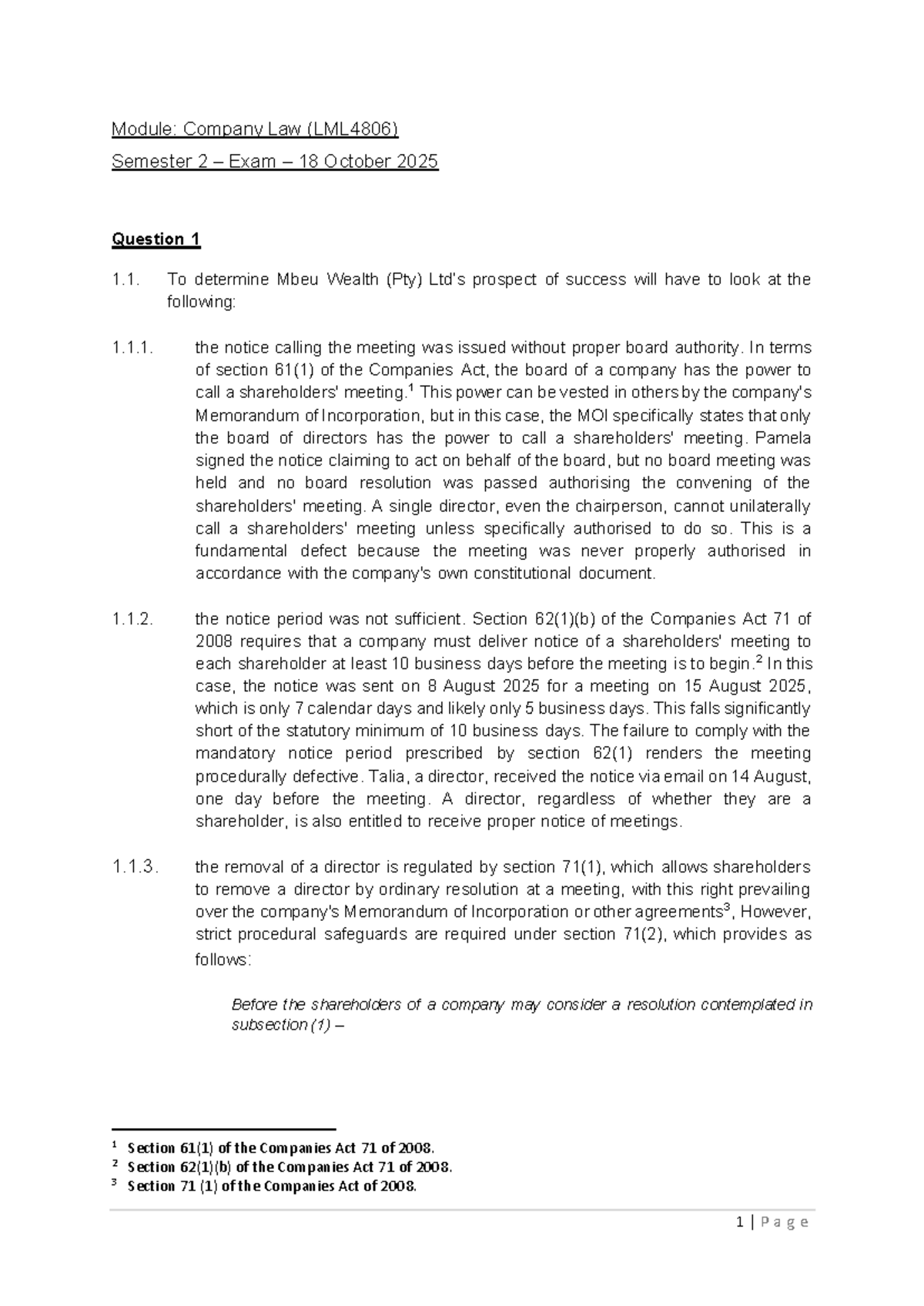 Company Law (LML4806) Semester 2 Exam Script - 18 October 2025 - Studocu