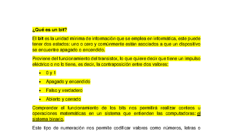 Informatica Parte 2: Bits y Algoritmos en Sistemas Binarios - Studocu