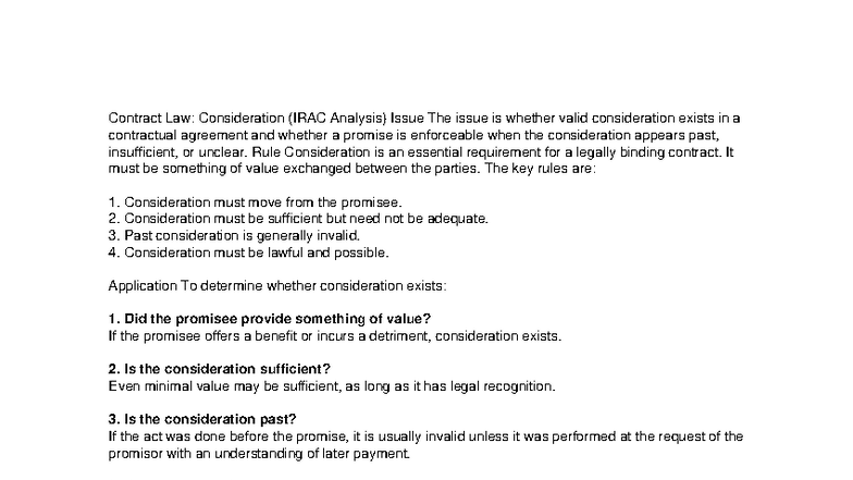 Contract Law: Consideration IRAC Analysis (IRAC Method) - Studocu