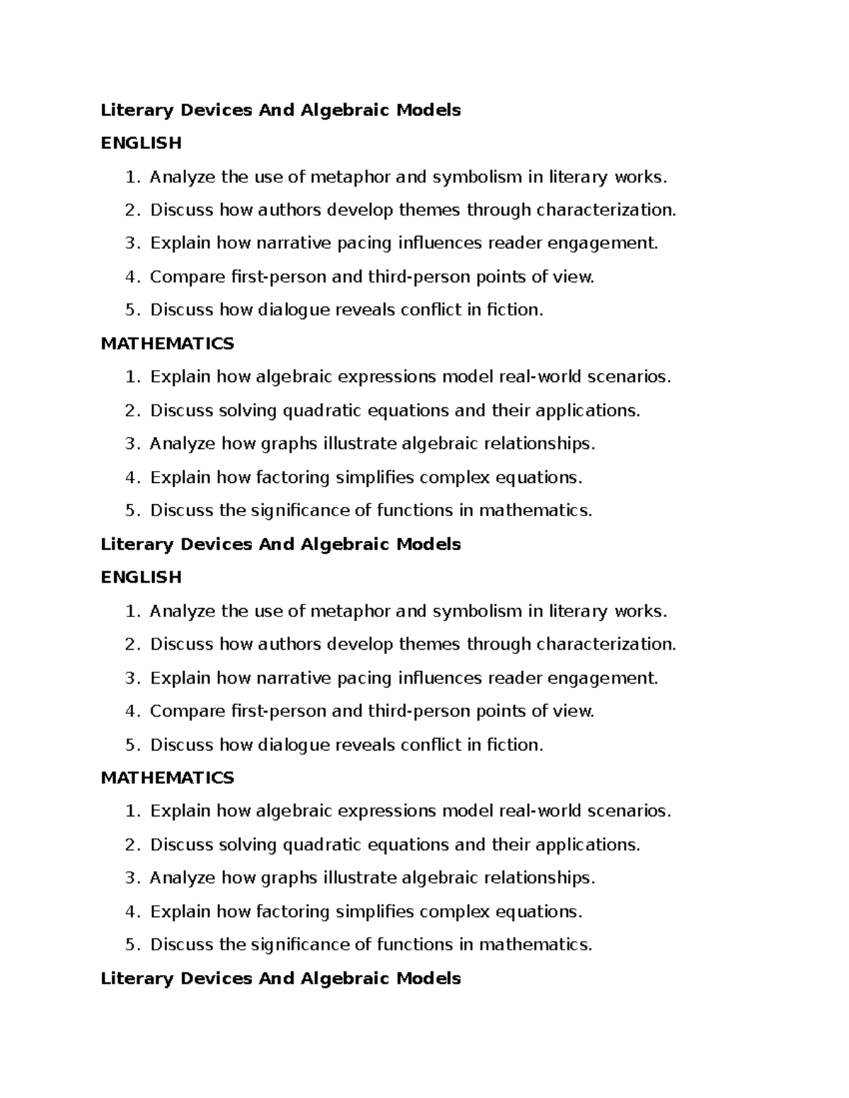 Literary Devices & Algebraic Models: ENGLISH 1 & MATH Insights - Studocu
