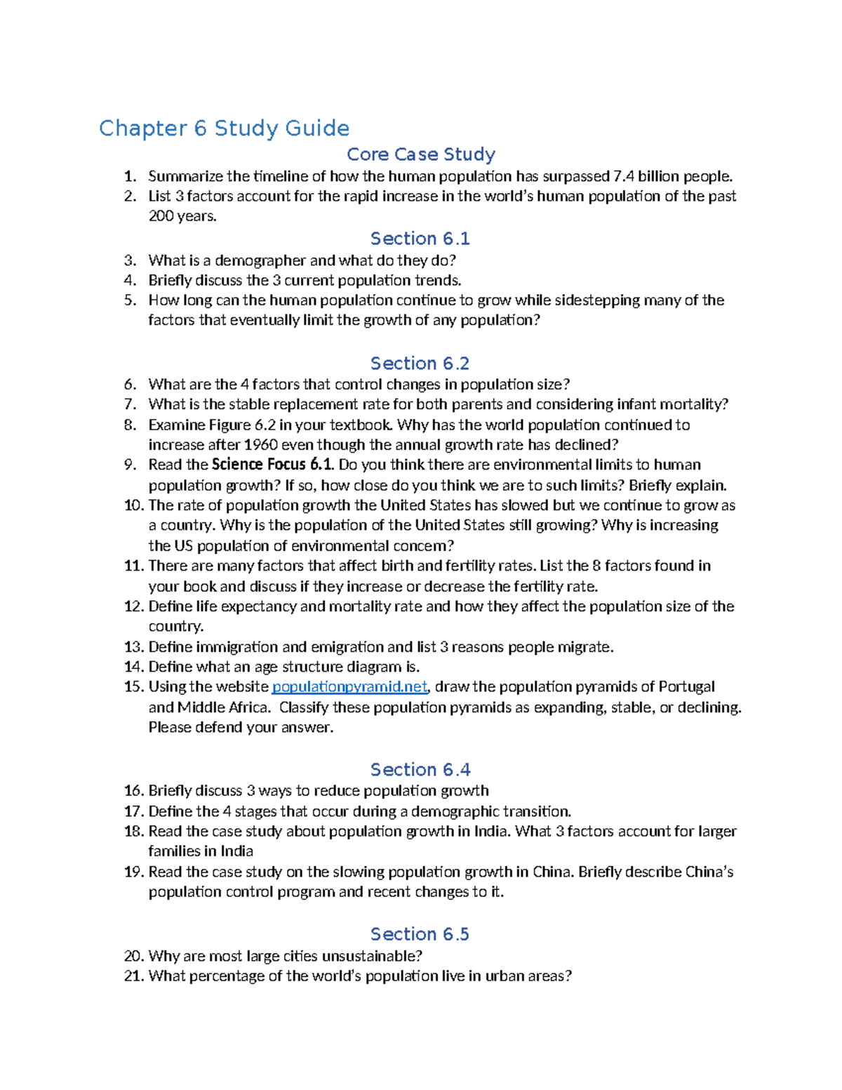 Chapter 6 Study Guide: Human Population Dynamics and Urban ...