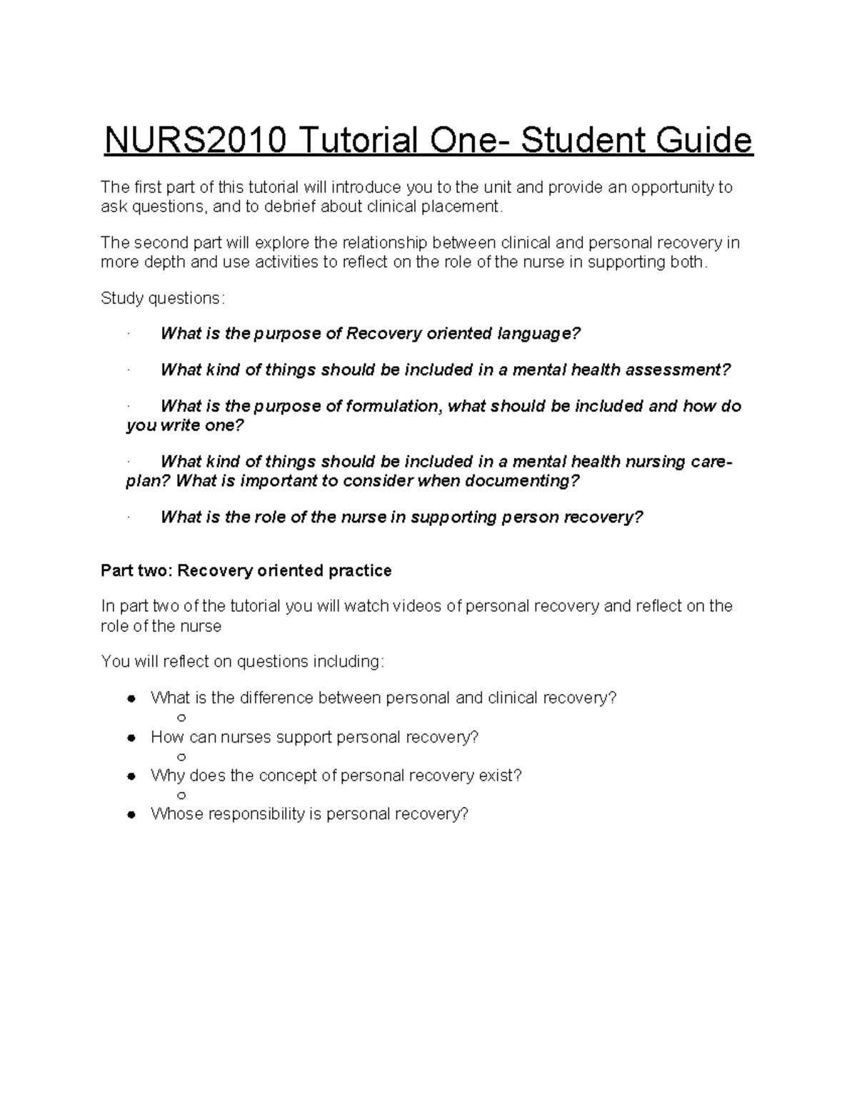 NURS2010 Week 2 Tutorial: Exploring Recovery in Mental Health Nursing ...