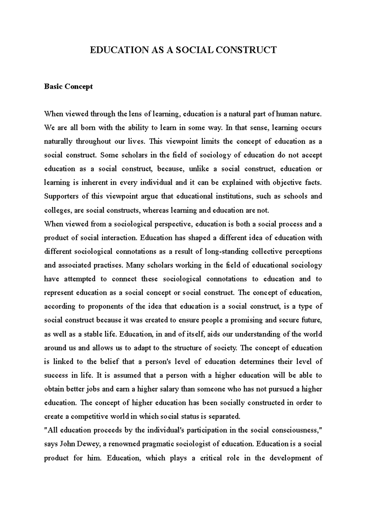 Sociology 101: The Notion of Education as a Social Construct - Studocu