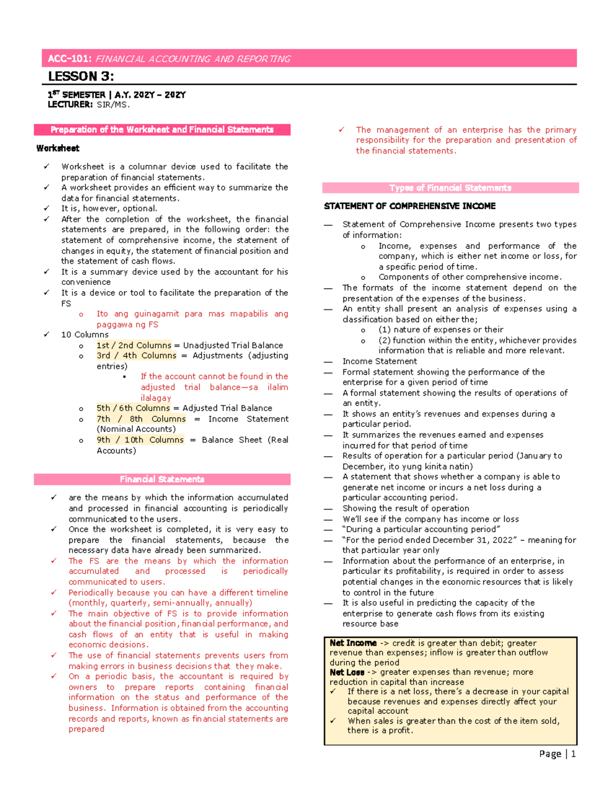 ACC-101: Financial Accounting & Reporting - Preparing Worksheets & FS ...