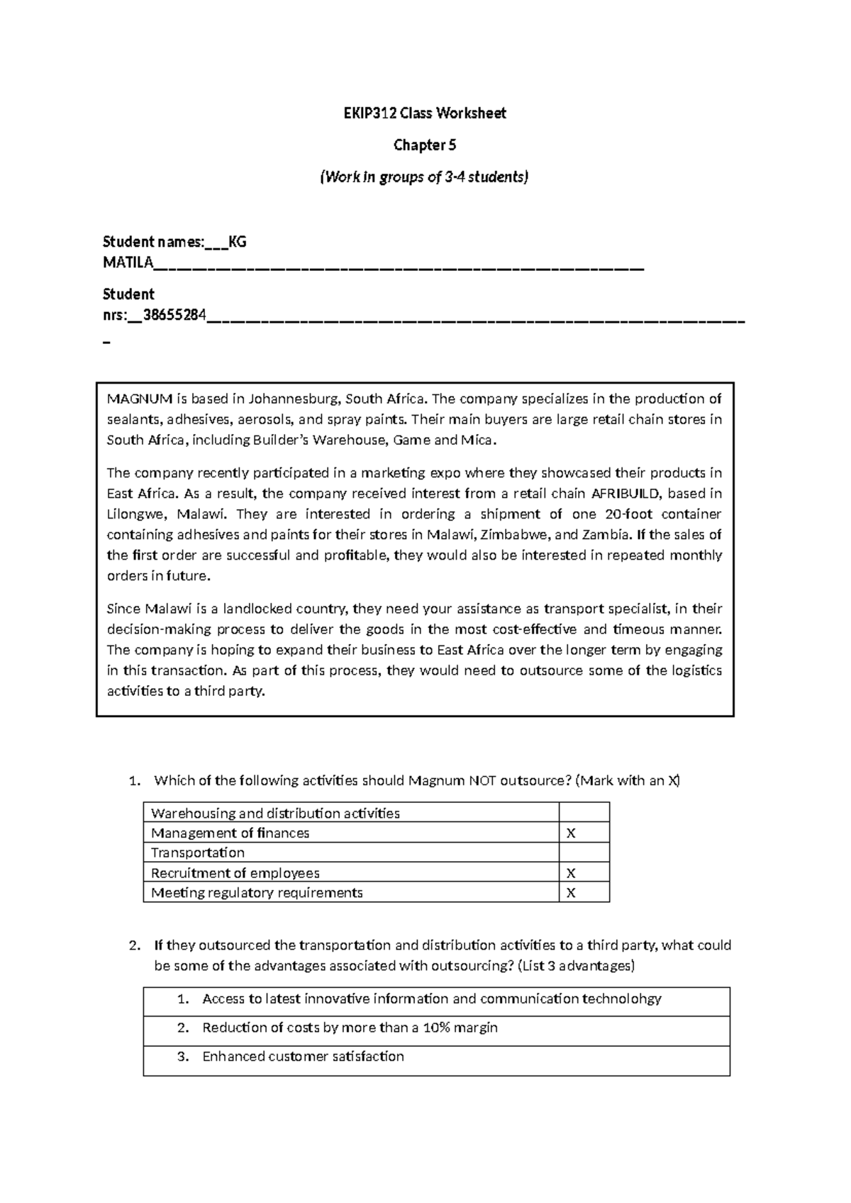 EKIP312 Chapter 5 Homework: Outsourcing Logistics for Magnum - Studocu