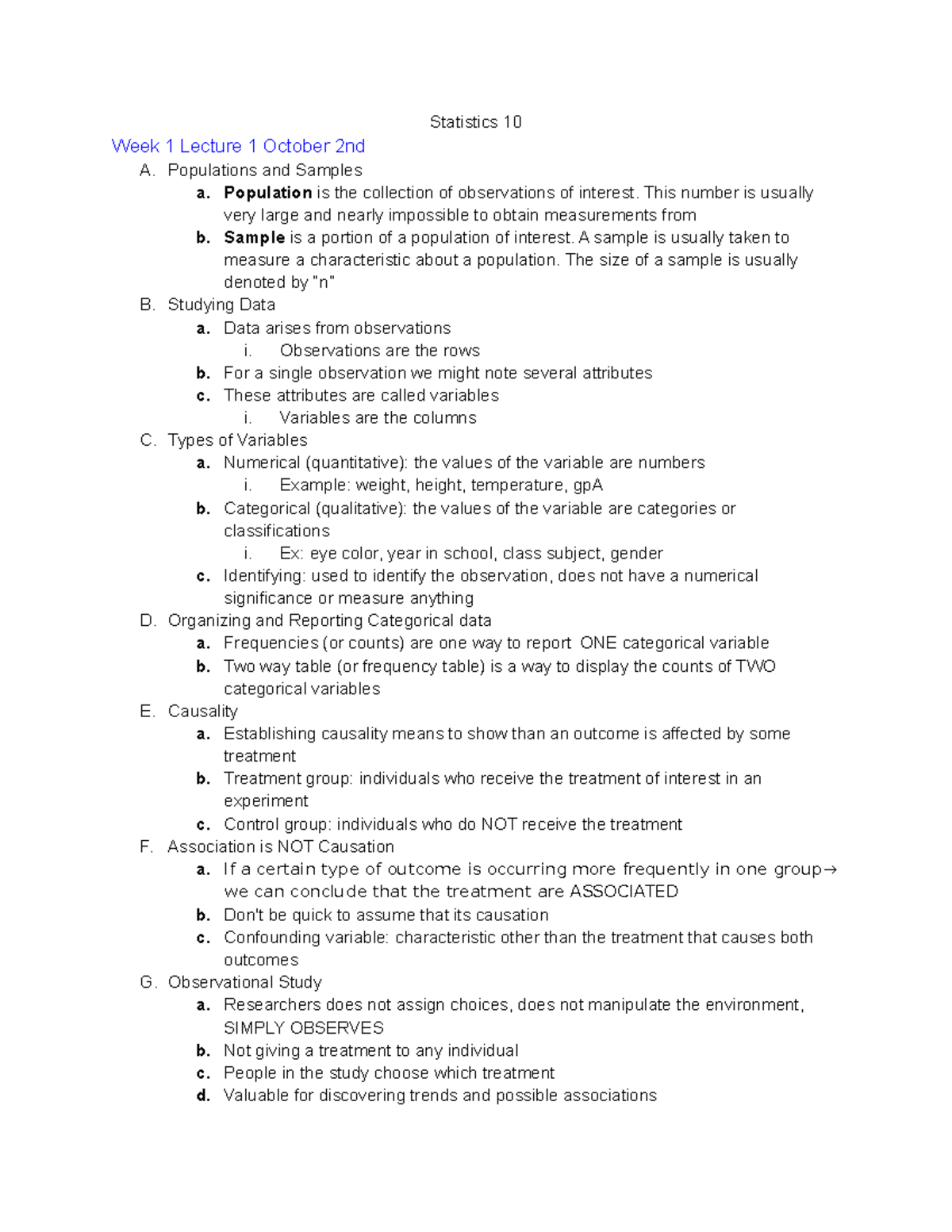 Statistics 10 Lecture Notes: Weeks 1-4 Overview and Key Concepts - Studocu