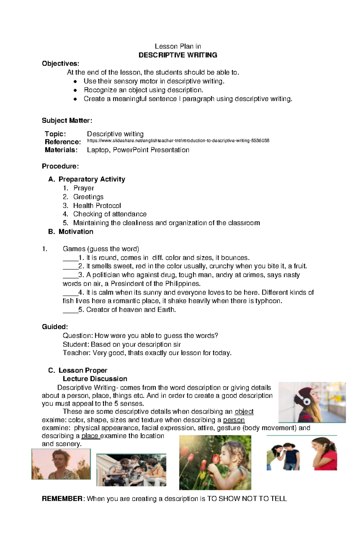 Lesson Plan for Descriptive Writing Teaching Demo (ENG-101) - Studocu