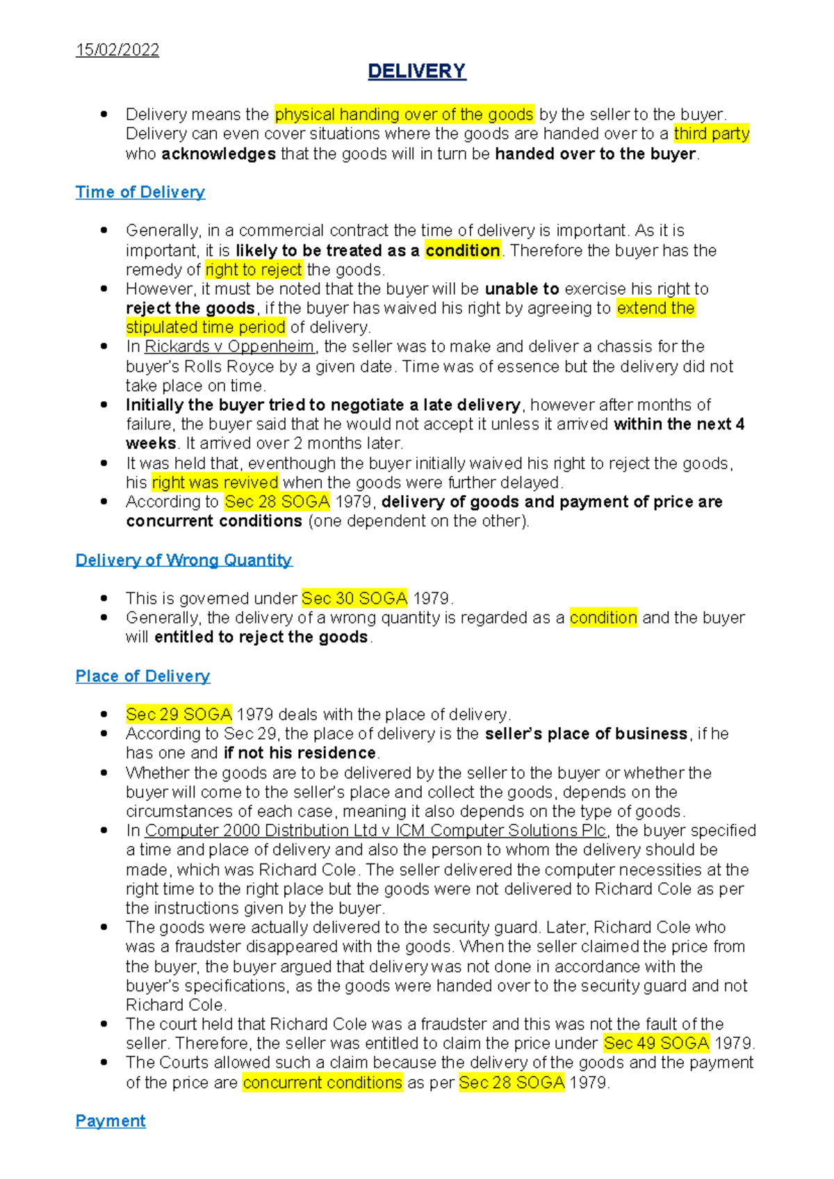 Delivery - lecture notes for llb students - 15/02/ DELIVERY Delivery ...