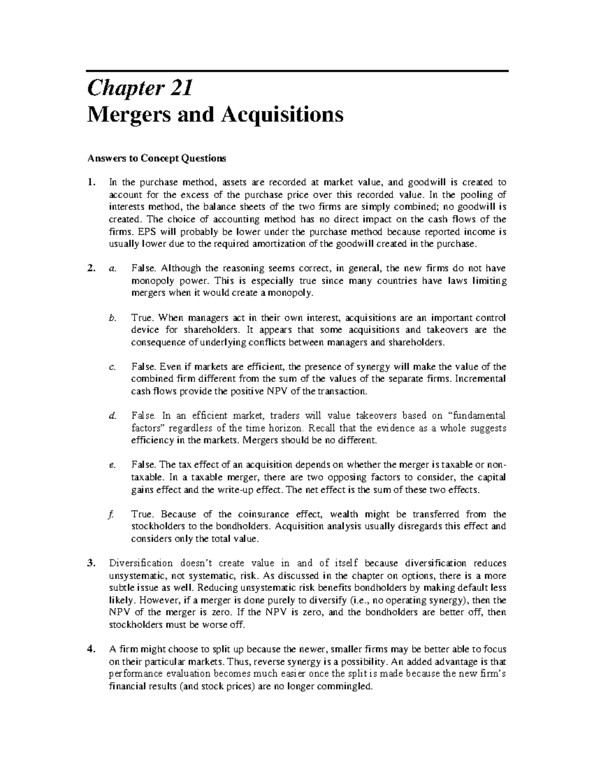 Chap 21 Mergers & Acquisitions Solutions Manual - Key Concepts ...