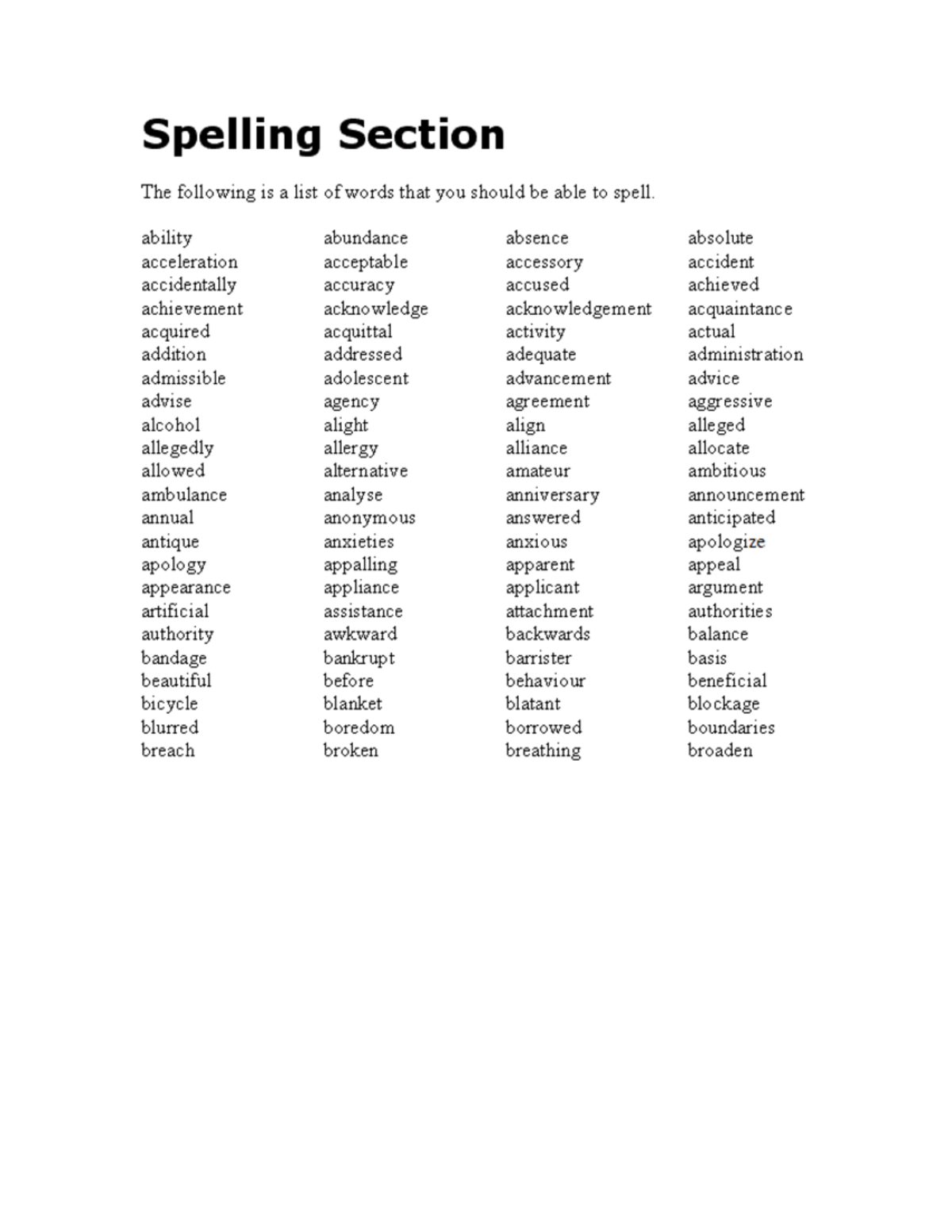 Spelling Section - ability abundance absence absolute acceleration ...