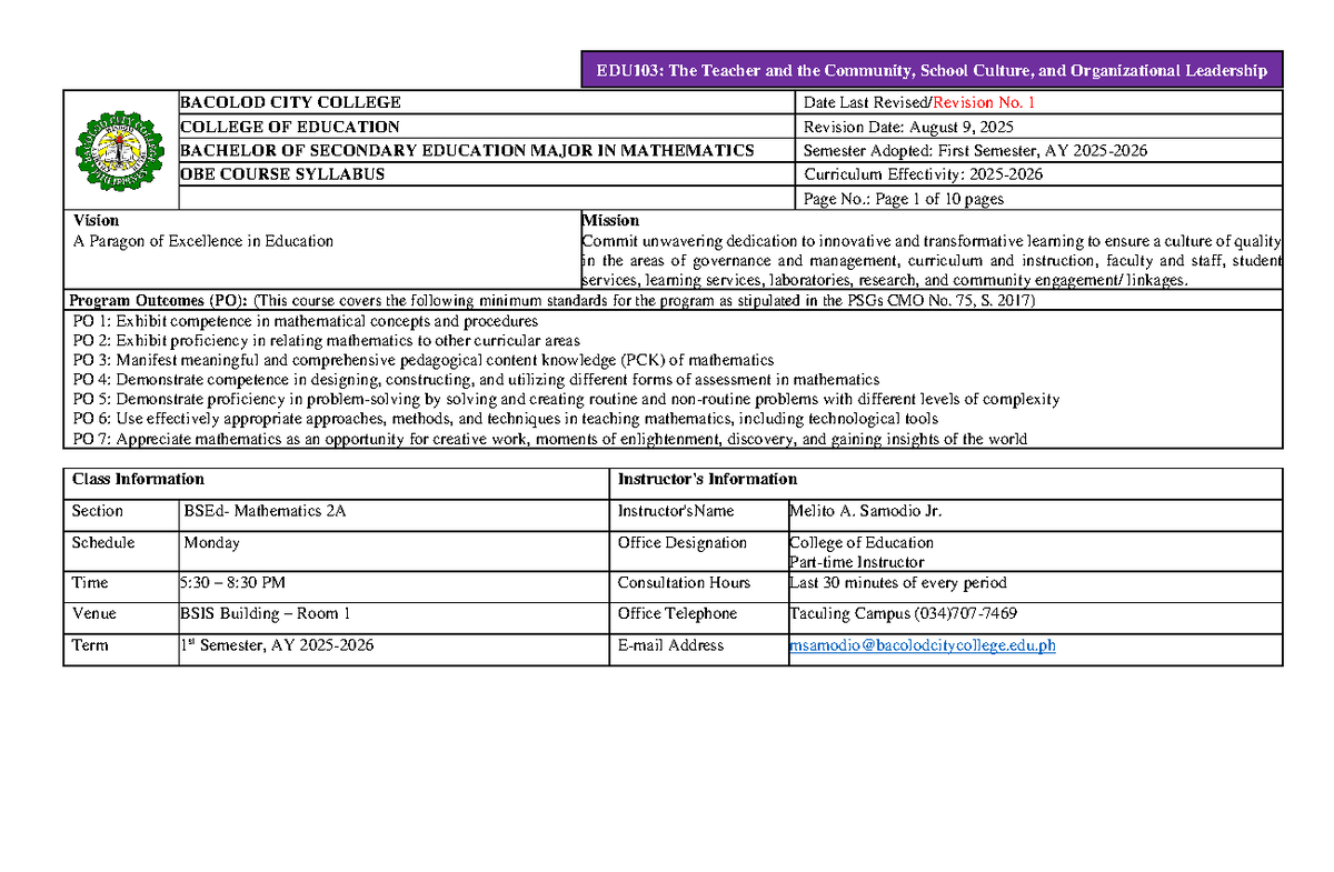 EDU103: Teacher, Community, and School Culture Syllabus - BSED Math 2A ...