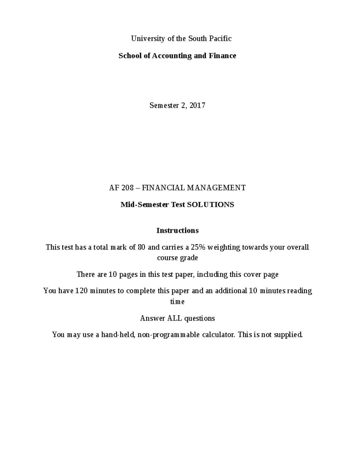 AF208 Sem 2 Mid-Semester Test Solutions - 2017 - Studocu