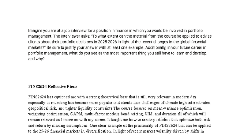 FINS2624 Reflective Piece: Applying Portfolio Management Theory - Studocu