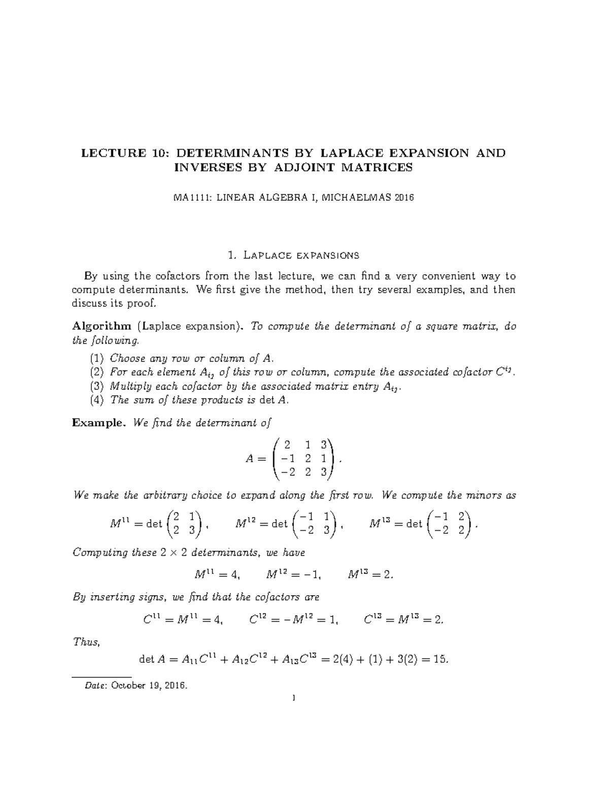 Linear Algebra Notes 10 - LECTURE 10: DETERMINANTS BY LAPLACE EXPANSION ...