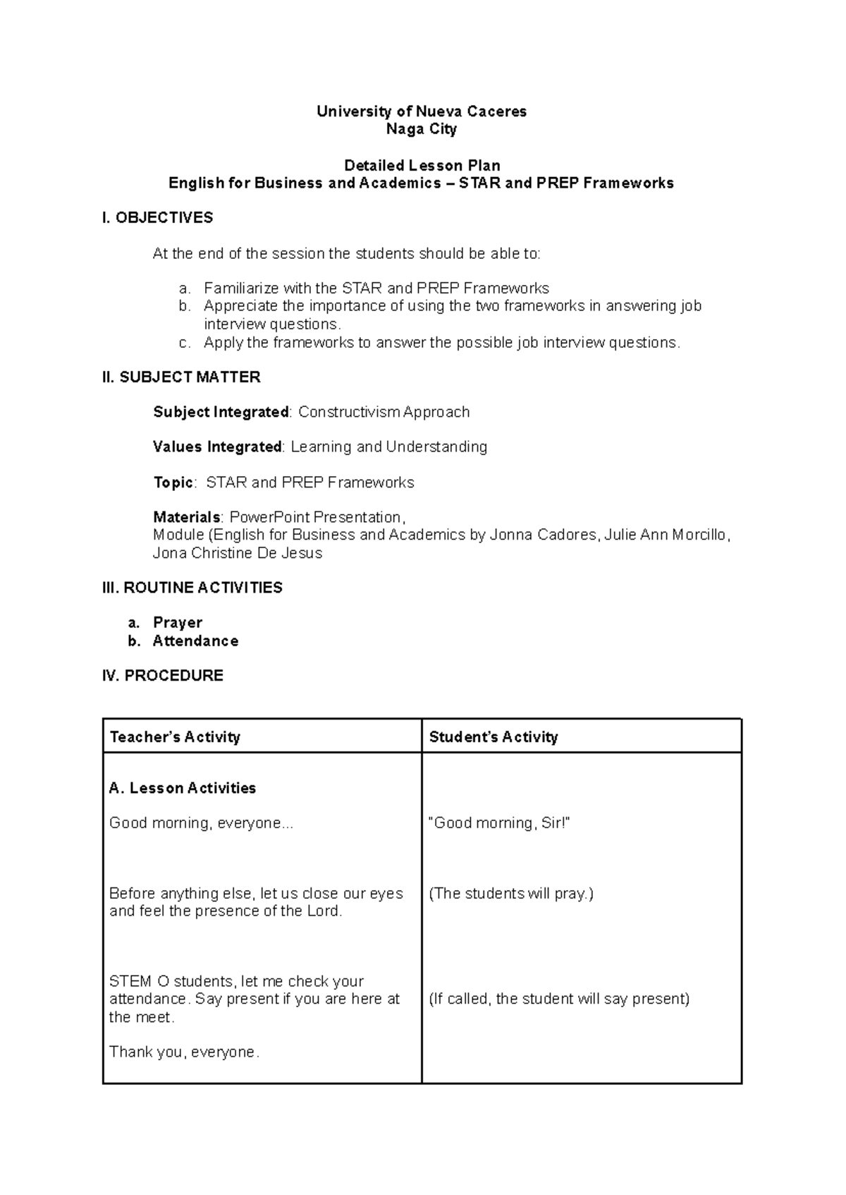 Detailed Lesson Plan in STEM O - Mastering STAR & PREP Frameworks - Studocu
