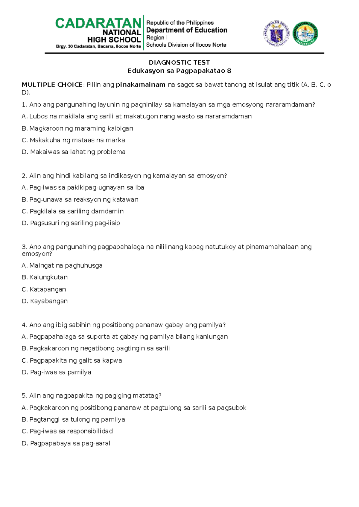 G8 ESP Diagnostic Test: Multiple Choice Questions on Values Education ...