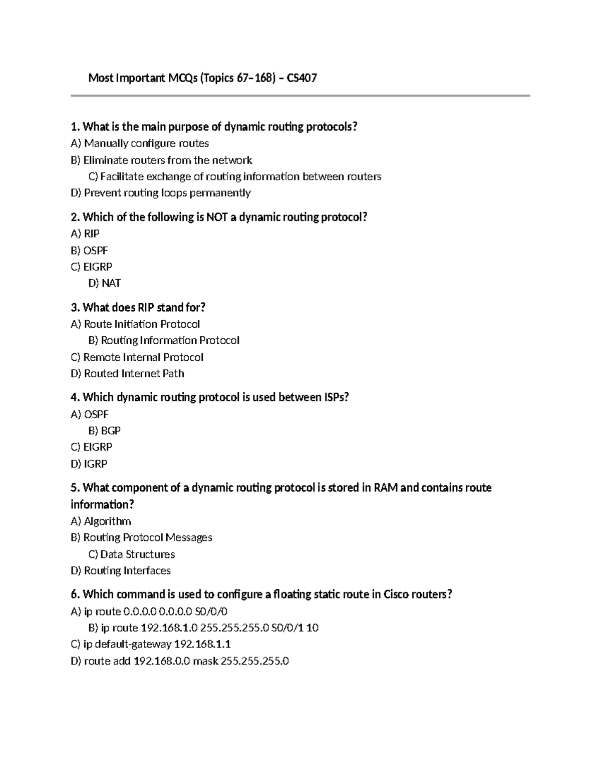 Most Important MCQs for CS407: Dynamic Routing Protocols and More - Studocu
