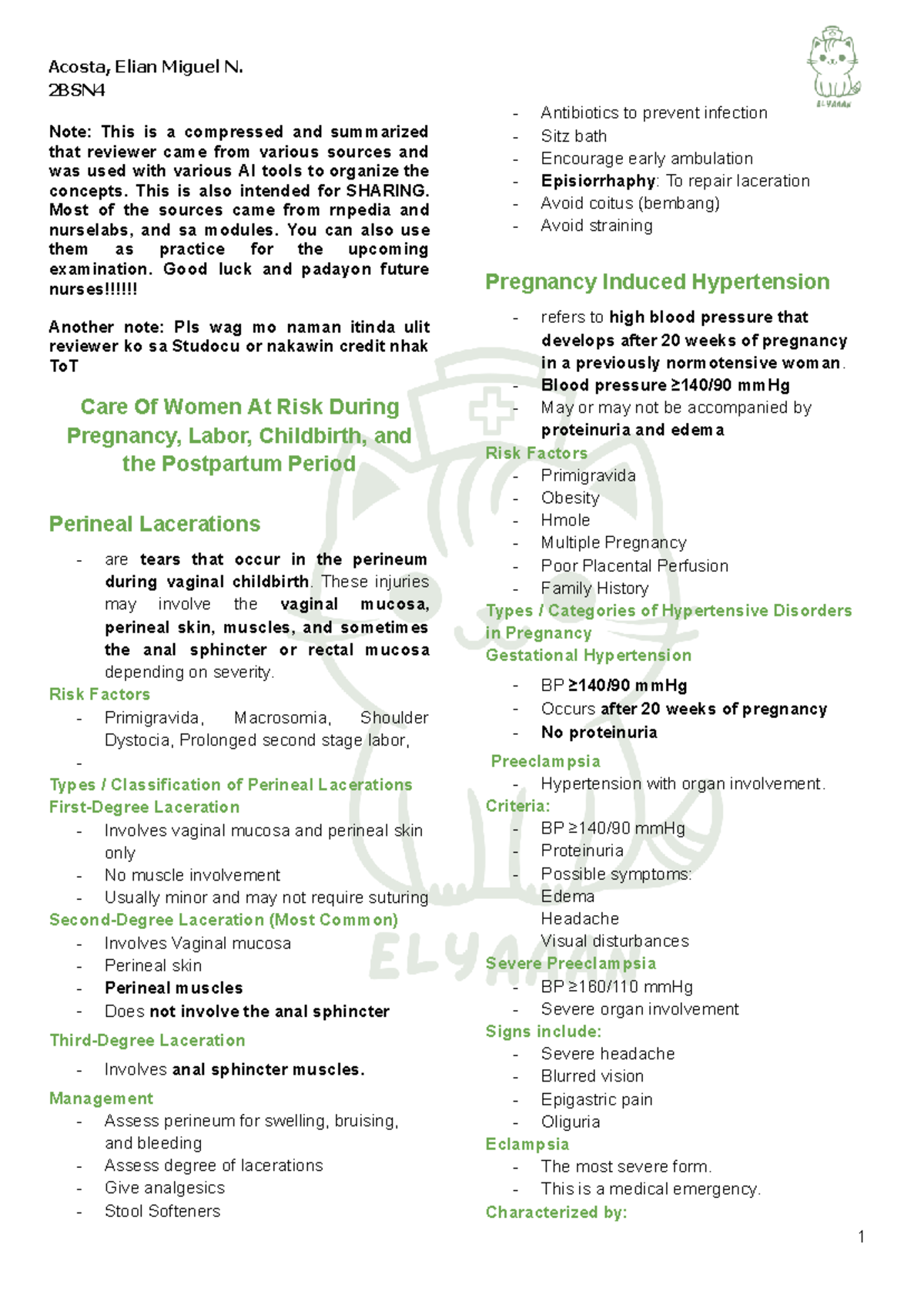 OB CFE Reviewer NA: Comprehensive Summary of Obstetric Concepts - Studocu