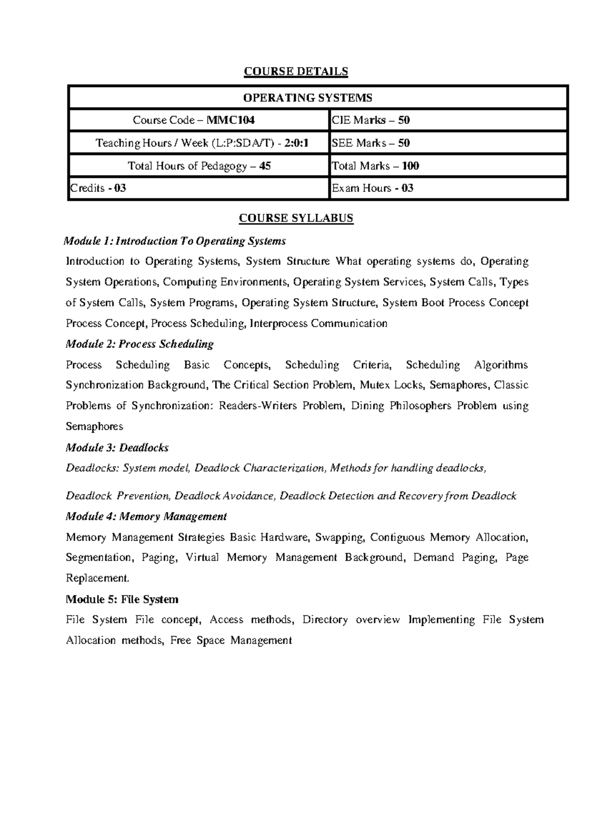Operating Systems Course Syllabus - MMC104 Module 5 Overview - Studocu