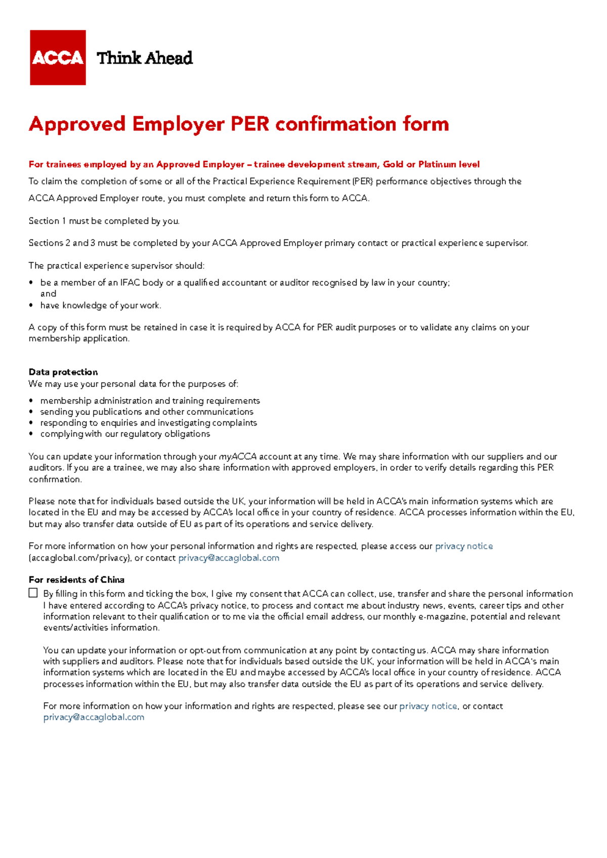 ACCA Approved Employer PER Confirmation Form for Trainees - Studocu