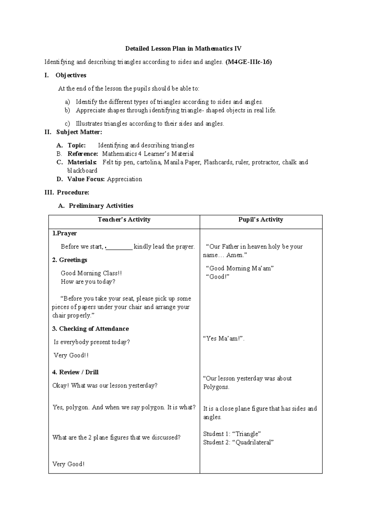Mathematics IV Detailed Lesson Plan: Identifying Triangles by Sides ...