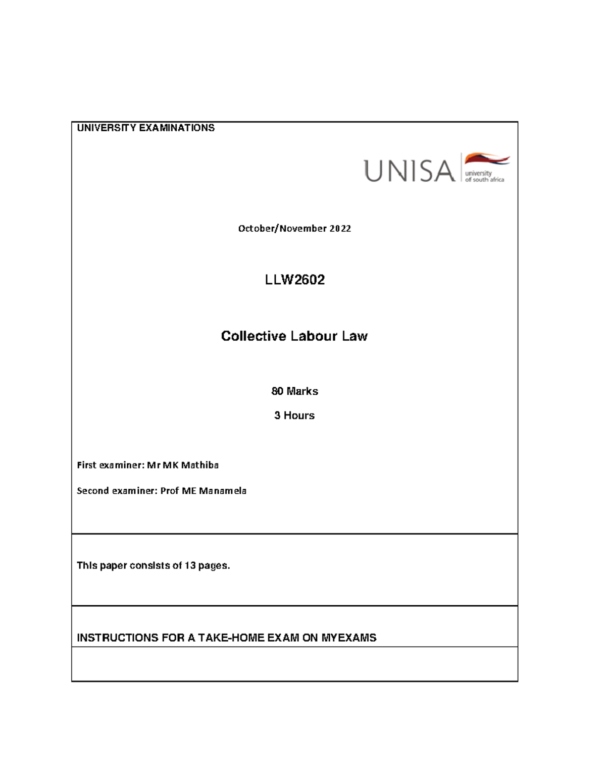 LLW2602 Collective Labour Law 2022 Nov Exam Instructions & Questions ...