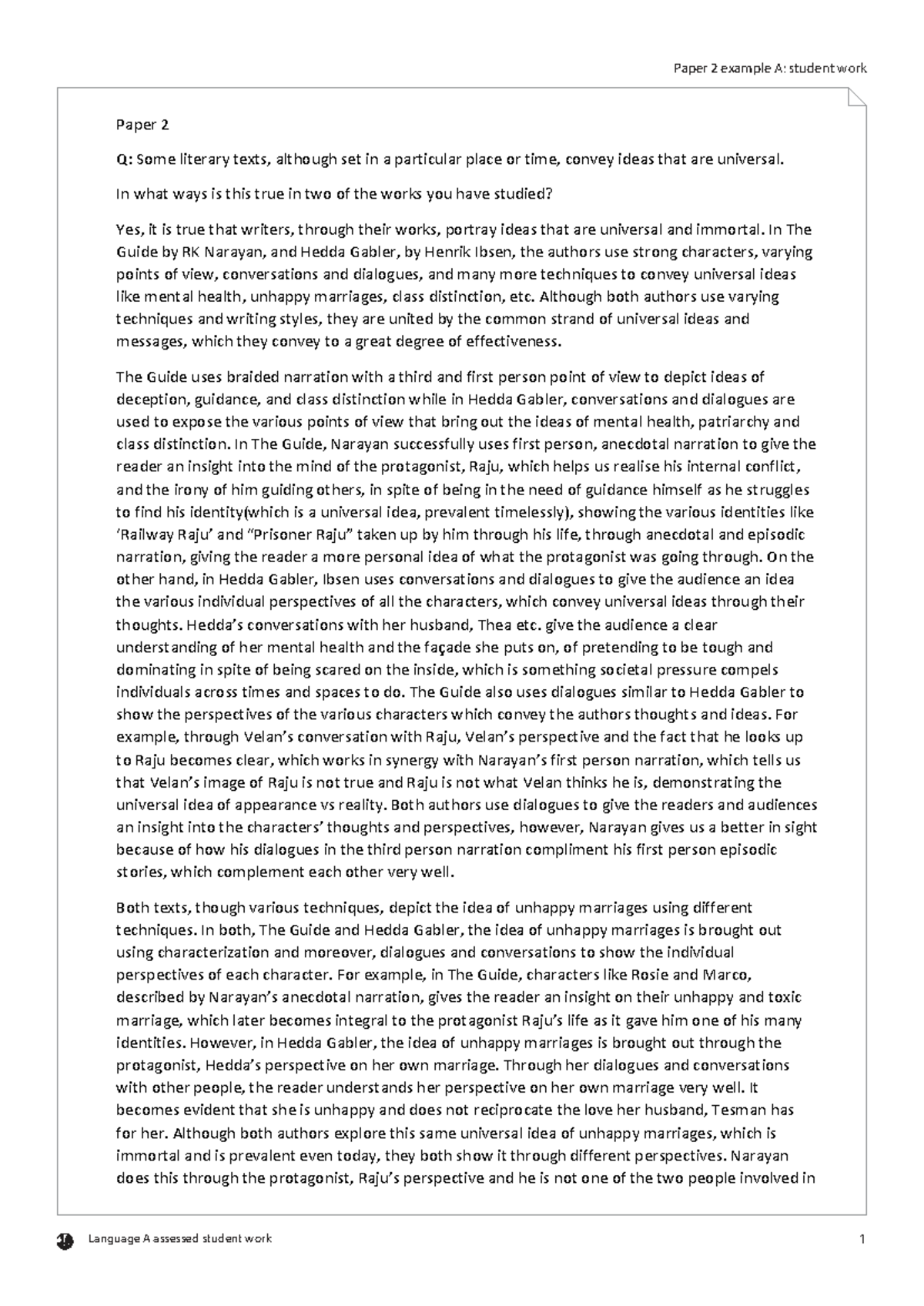 LL Lit P2: Universal Themes in The Guide & Hedda Gabler Essay - Studocu