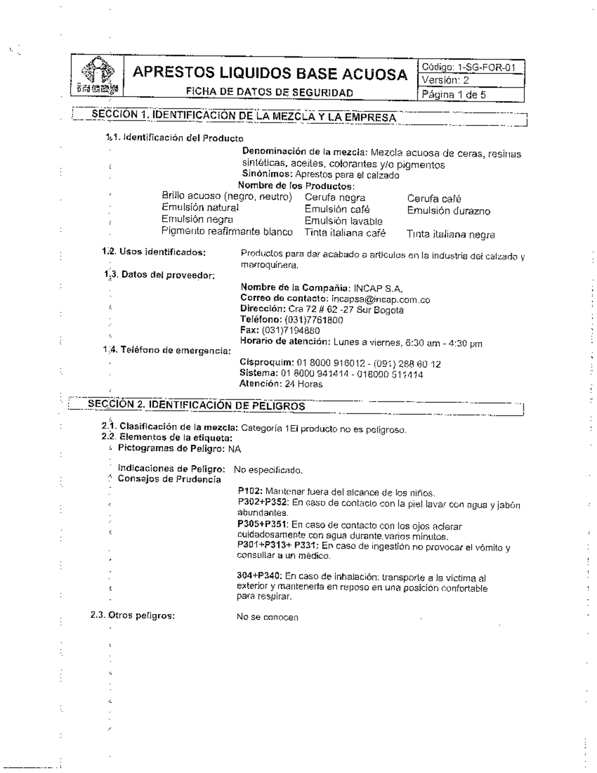 Ficha de Datos de Seguridad: Cerufa Negra - Código: INCAP S.A. - Document Preview