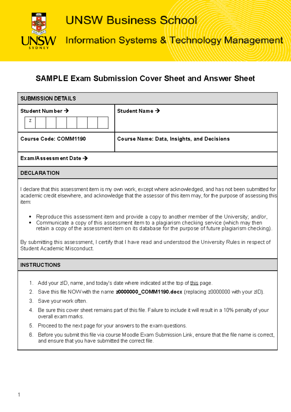 COMM1190 T2 2024 Exam Submission Cover & Answer Sheet - Studocu